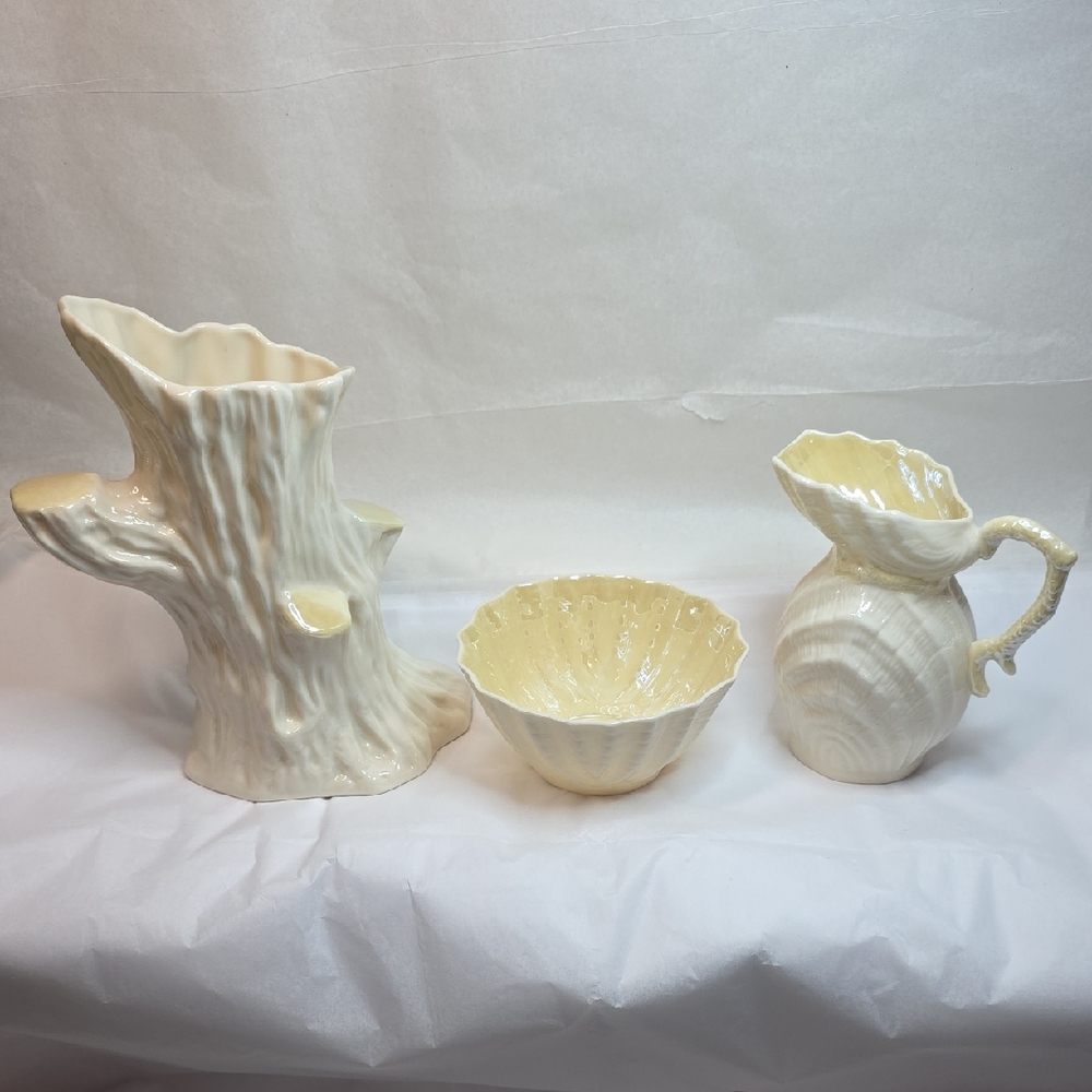 Vintage Belleek Tree Vase And Double Shell Cream And Sugar Set 3rd Green Mark